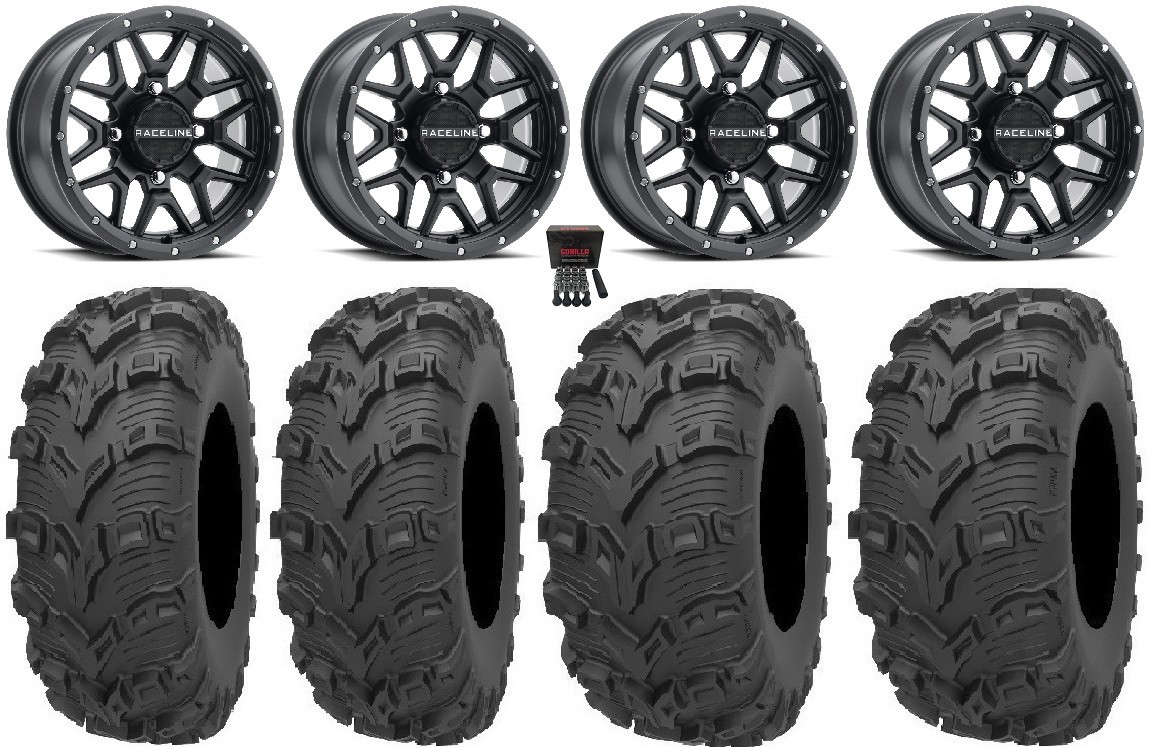 Raceline Krank 14″ Wheels Black +38mm/+10mm 28″ Bear Claw EVO Tires Honda Talon