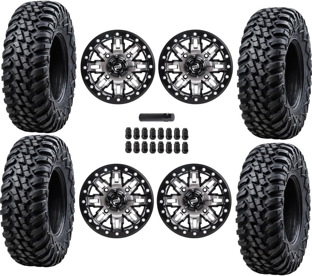 Tusk Terrabite Tires on Teton Machined/Black Wheels with Lug Nuts 32×10-14
