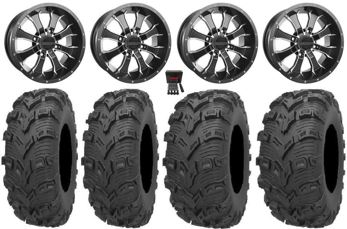 Raceline Mamba 12″ Wheels Black 27″ Bear Claw EVO Tires Honda Rincon Rancher