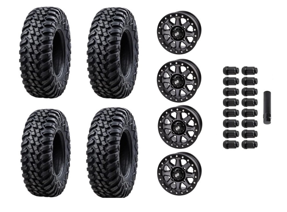 Tusk Terrabite Tires on Uinta Gun Metal/Black Wheels with Lug Nuts 32×10-14