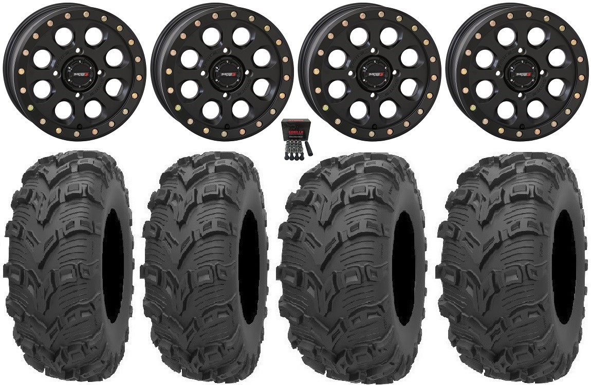 System 3 SB-7 14″ Wheels Black (4+3) 28″ Bear Claw EVO Tires Kawasaki Teryx Mule