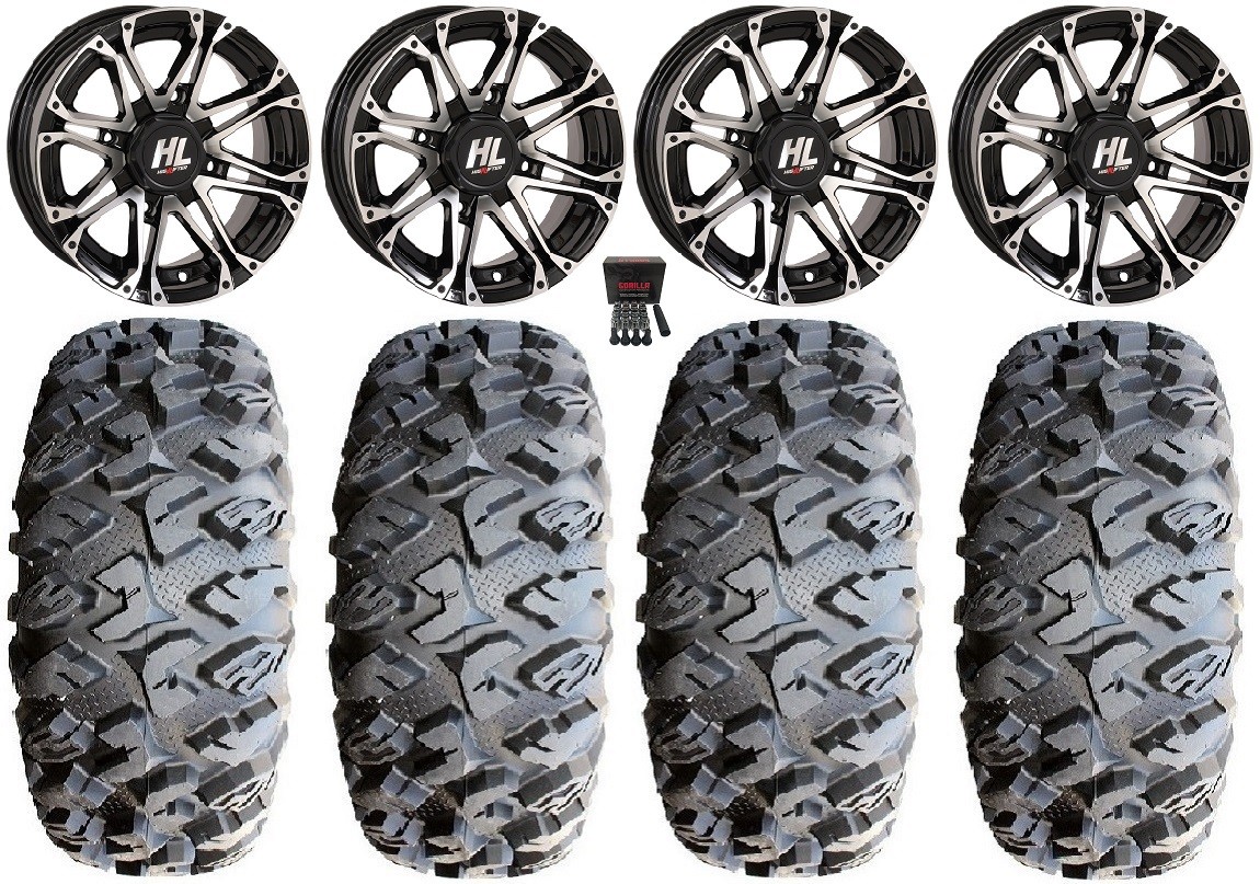 High Lifter HL3 14″ Wheels Machined 27″ MotoClaw Tires Kawasaki Mule Pro FXT