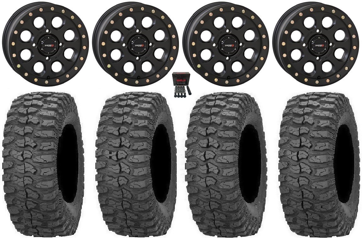 System 3 SB-7 15″ Wheels Black (6+1/4+3) 32″ Rock-A-Billy Tires Honda Talon