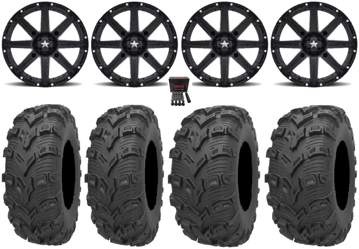 MSA Black Clutch 14″ ATV Wheels 28″ Bear Claw EVO Tires Honda Rincon Rancher