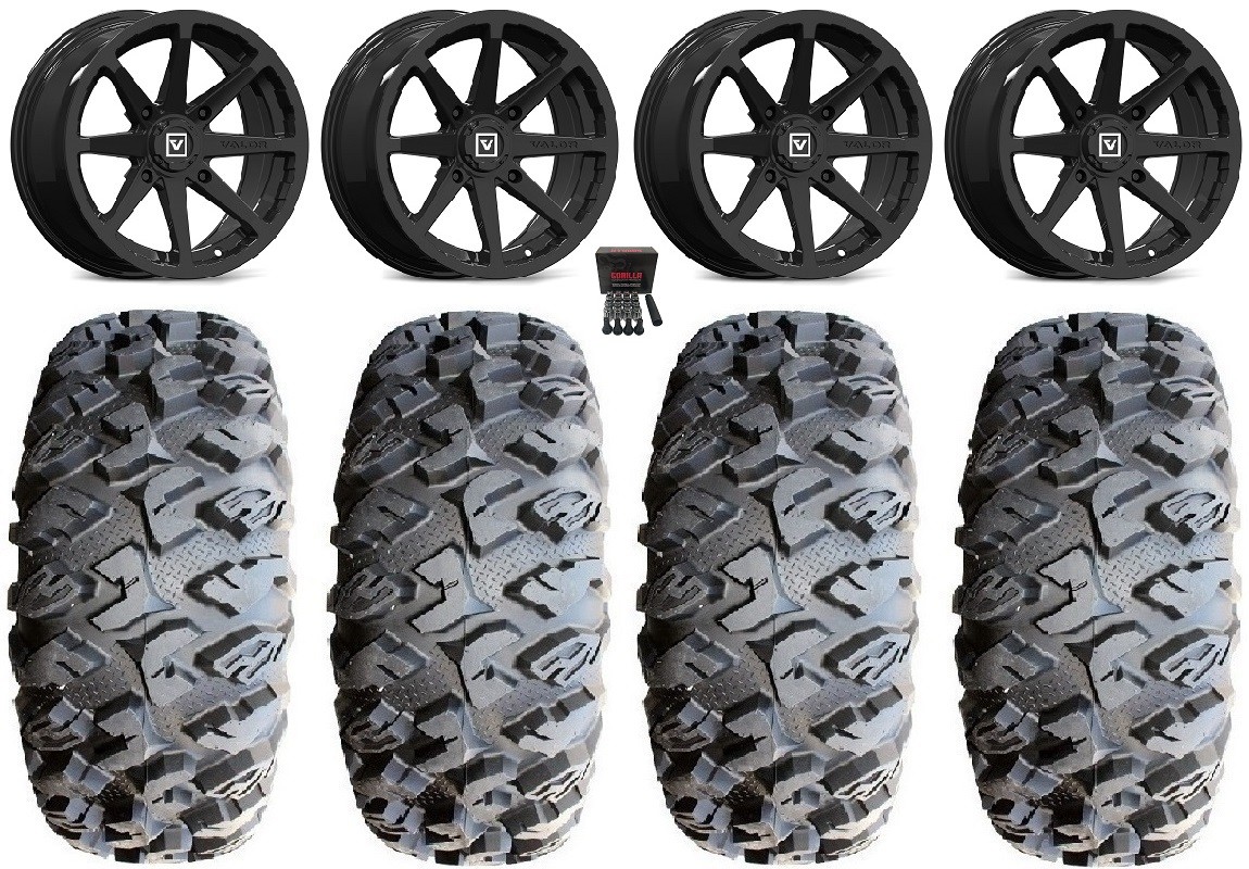 Valor V01 14″ Wheels Black 32″ MotoClaw Tires Polaris Ranger XP 9/1K