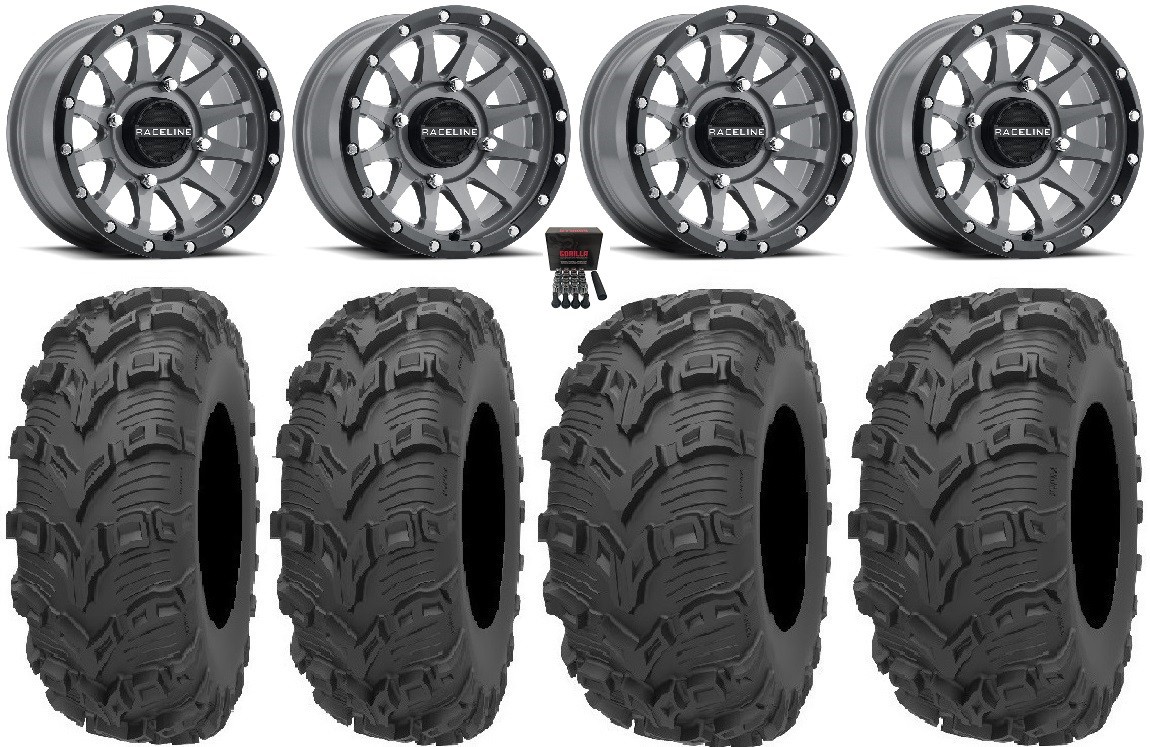Raceline Trophy 14″ Wheels Grey 26″ Bear Claw EVO Tires Yamaha Grizzly Rhino