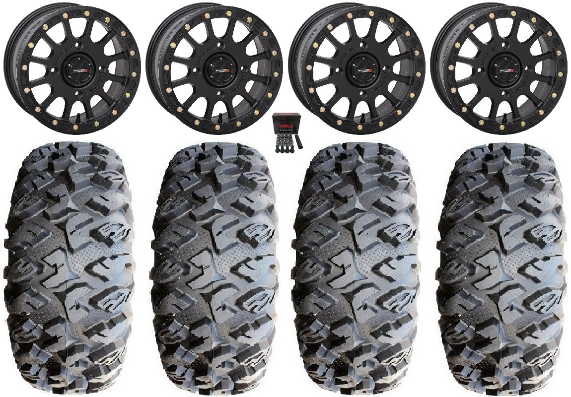 System 3 SB-5 Black 14″ Wheels 28″ MotoClaw Tires Textron Wildcat XX