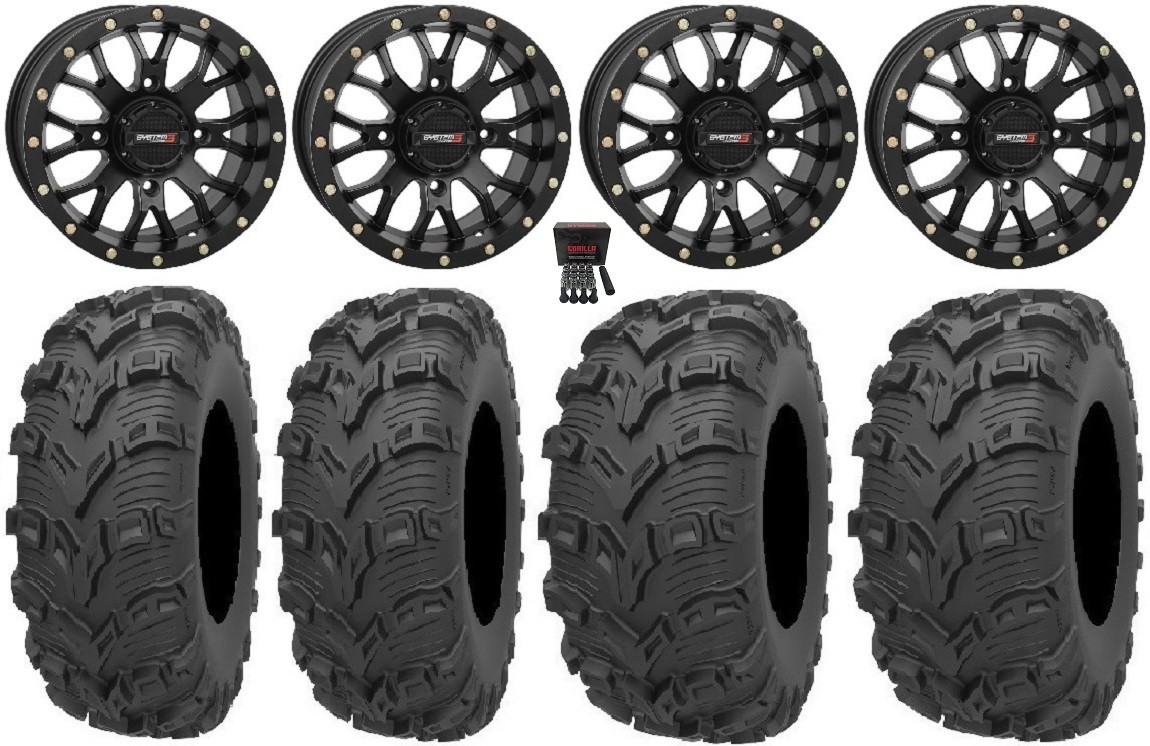 System 3 ST-3 Black 14″ Wheels 28″ Bear Claw EVO Tires Suzuki KingQuad