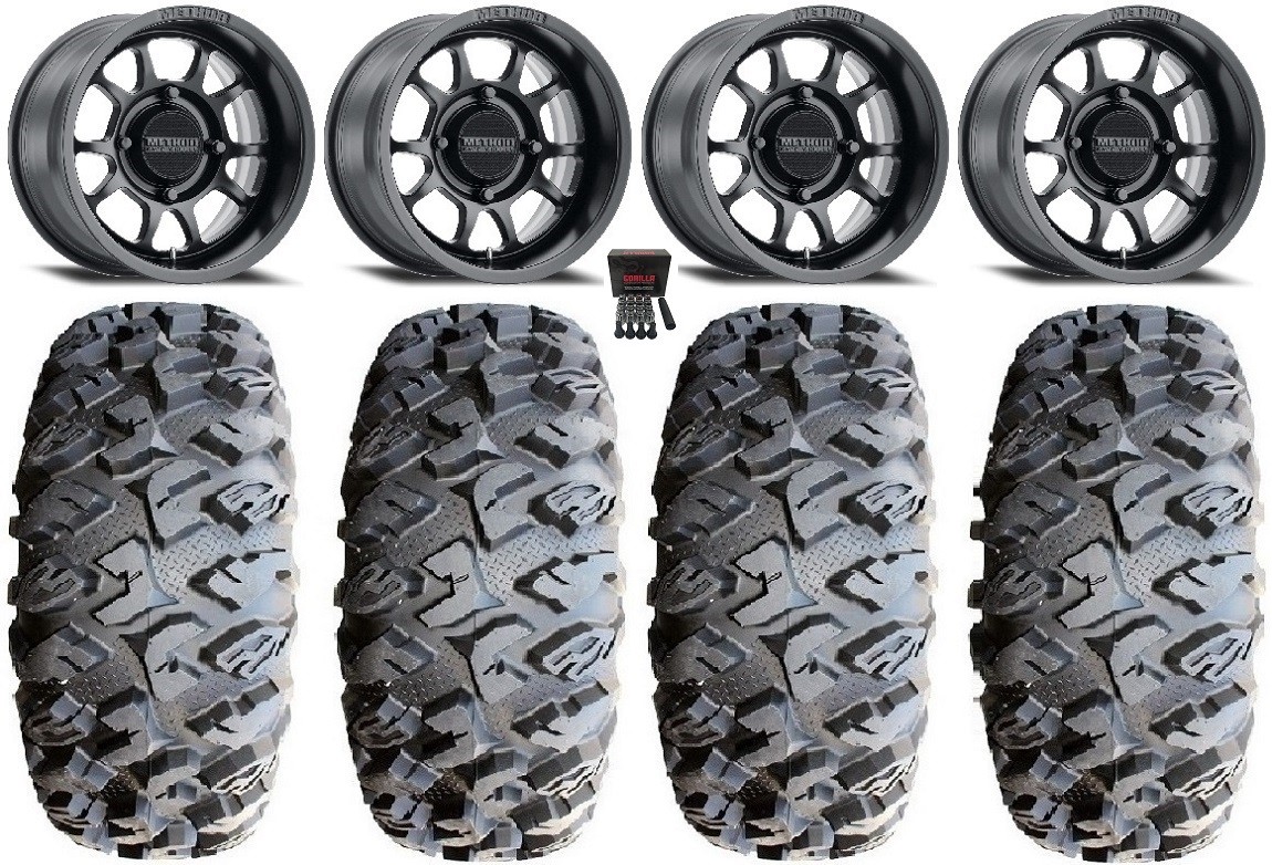 Method 409 15″ Black (4+3) Wheels 31″ MotoClaw Tires Honda Pioneer 1000 / Talon