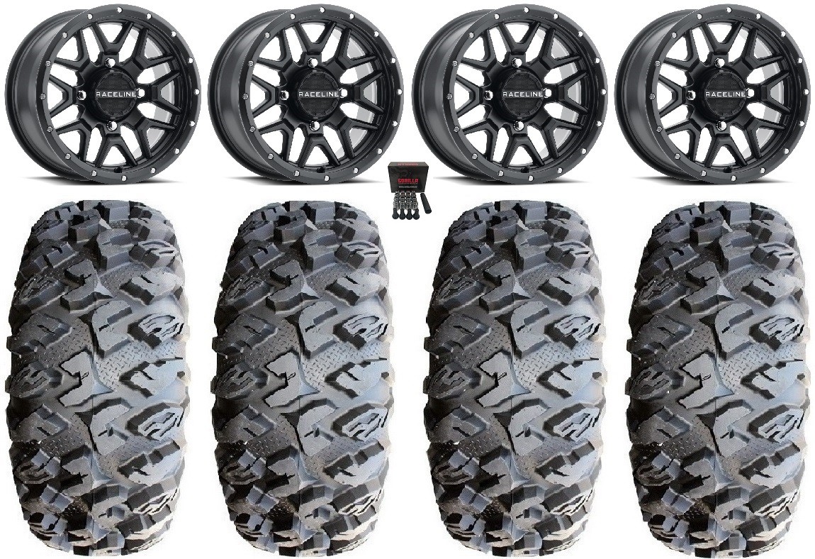 Raceline Krank 14″ Black Wheels 27″ MotoClaw Tires Honda Pioneer 1000 / Talon
