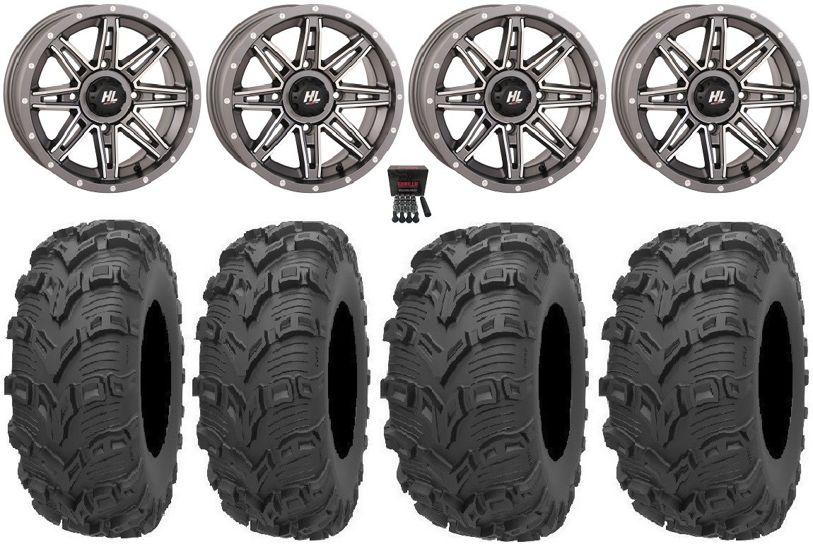 High Lifter HL22 14″ Wheels Gunmetal 28″ Bear Claw EVO Tires Commander Maverick