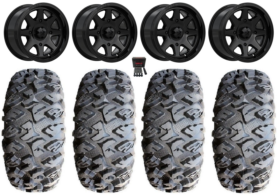 MSA Spark 14″ Wheels Gloss Black 30″ MotoClaw Tires Suzuki KingQuad