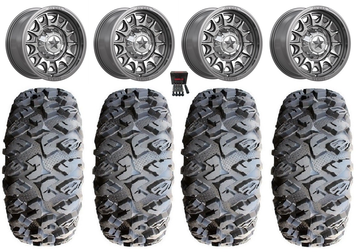 MSA Commander 15″ Platinum/Machined 28″ MotoClaw Tires Sportsman 550 850 1000