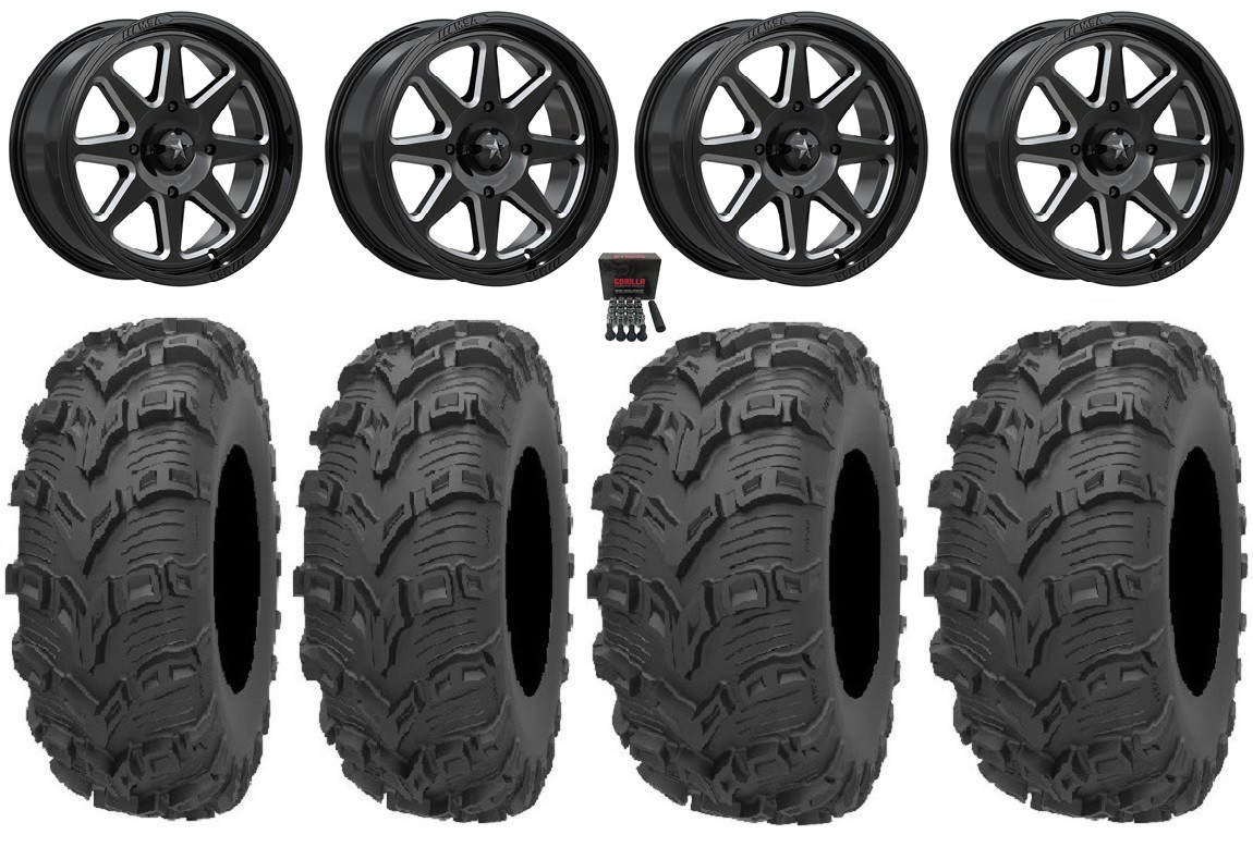 MSA Spark 14″ Wheels Black/Milled 26″ Bear Claw EVO Tires Yamaha Wolverine RMAX