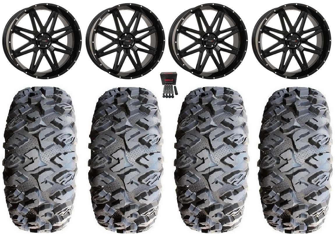 System 3 ST-7 20″ Wheels Black 33″ MotoClaw Tires Polaris RZR Turbo R & Pro R
