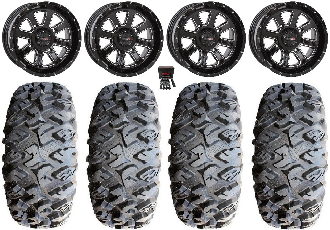 System 3 ST-4 Black 14″ Wheels 28″ MotoClaw Tires Yamaha Grizzly Rhino