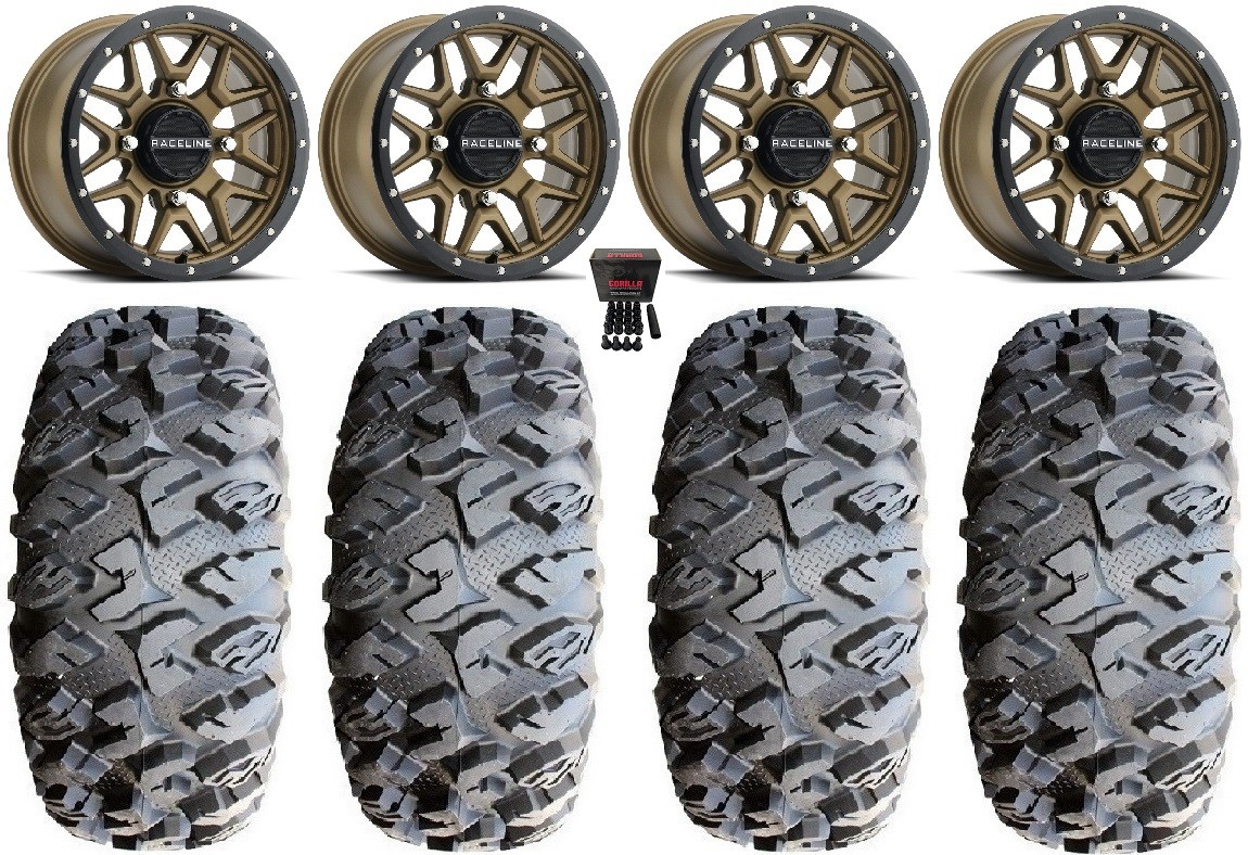 Raceline Krank 15″ Wheels Bronze 31″ MotoClaw Tires Honda Pioneer 1000 / Talon