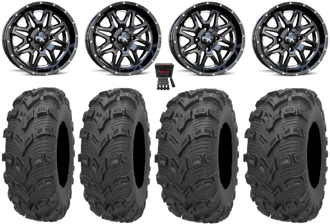 MSA Black Vibe 14″ ATV Wheels 26″ Bear Claw EVO Tires Honda Rincon Rancher