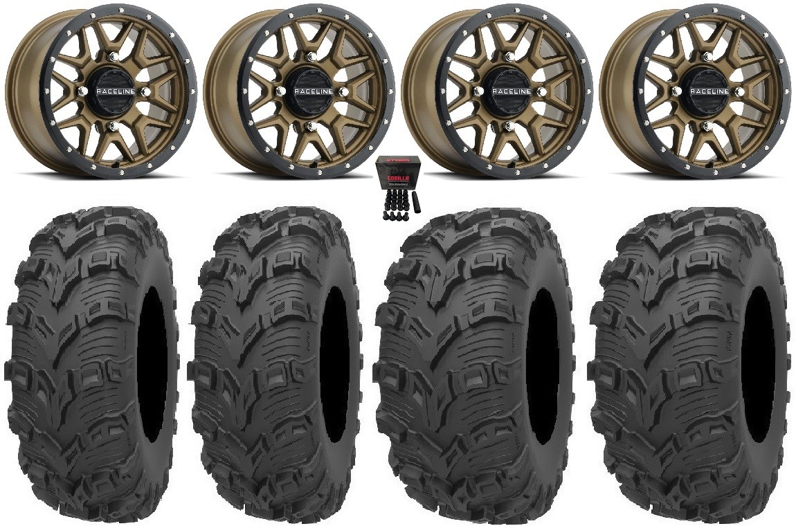 Raceline Krank 14″ Bronze Wheels 28″ Bear Claw EVO Tires Pioneer 1000 / Talon