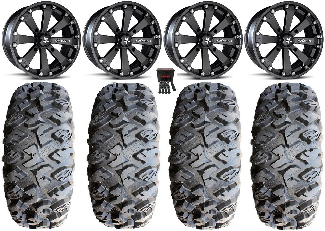 MSA Black Kore 14″ UTV Wheels 27″ MotoClaw Tires Yamaha Wolverine RMAX