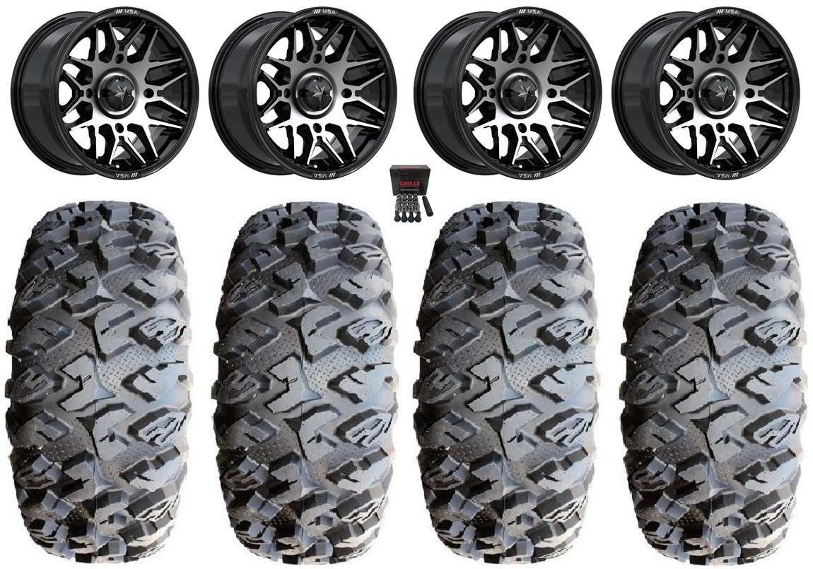 MSA Radar 14″ Wheels Black/Machined 30″ MotoClaw Tires Yamaha Wolverine RMAX