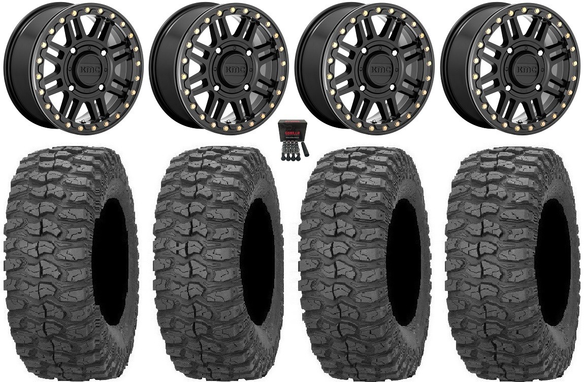 KMC Cage Beadlock 15″ Wheels Black 32″ Rock-A-Billy Tires Textron Wildcat XX