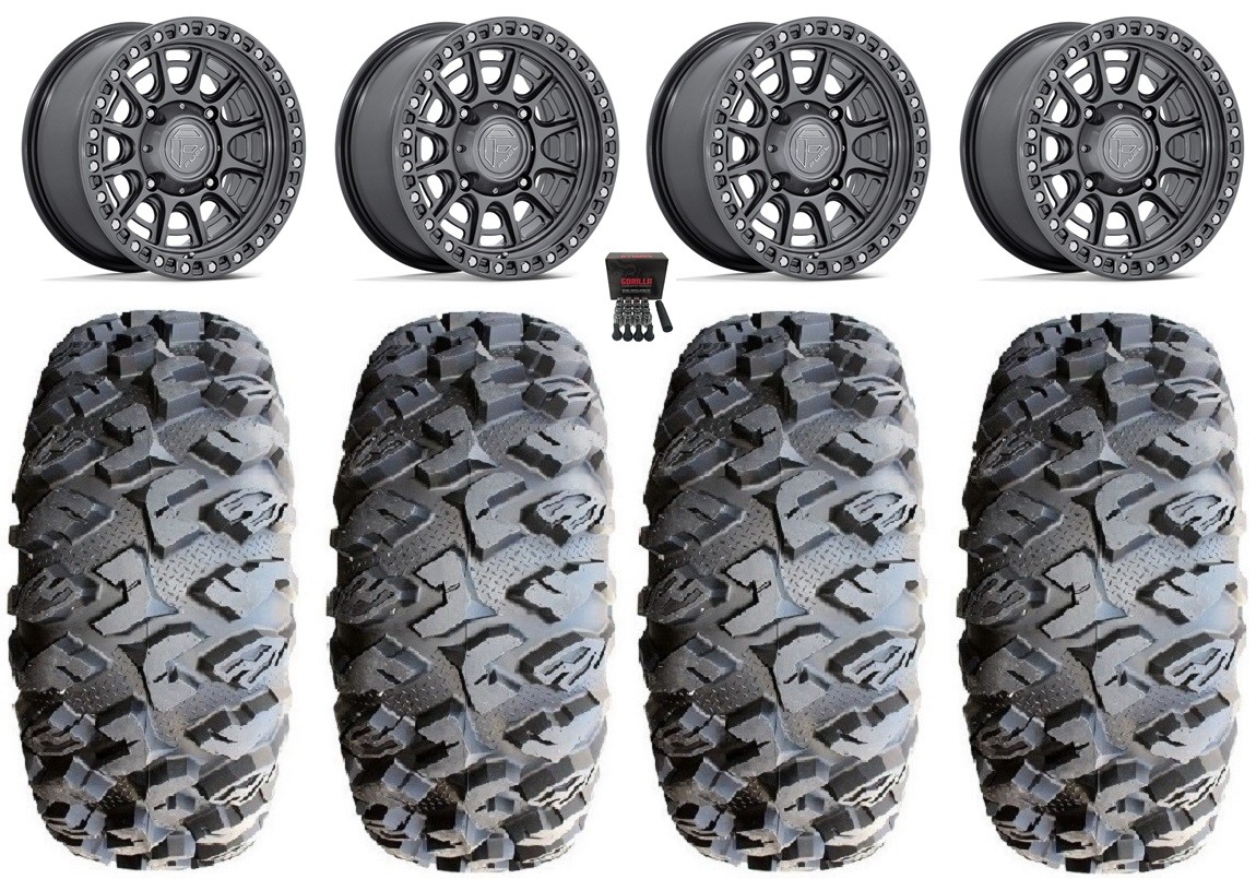 Fuel Cycle 15″ Wheels Gunmetal +10mm 28″ MotoClaw Tires Kawasaki Teryx Mule