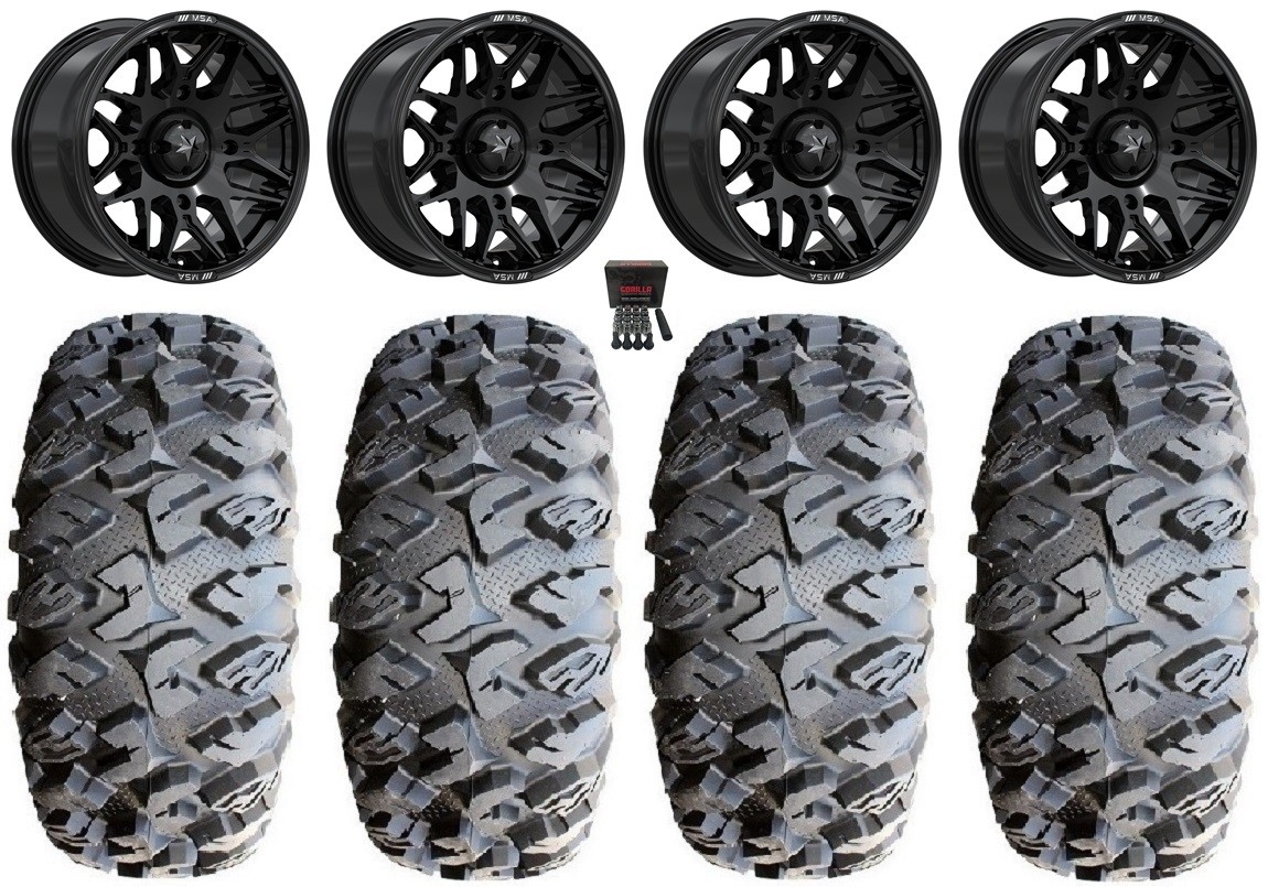 MSA Radar 15″ Wheels Gloss Bk 28″ MotoClaw Tires Yamaha YXZ1000R