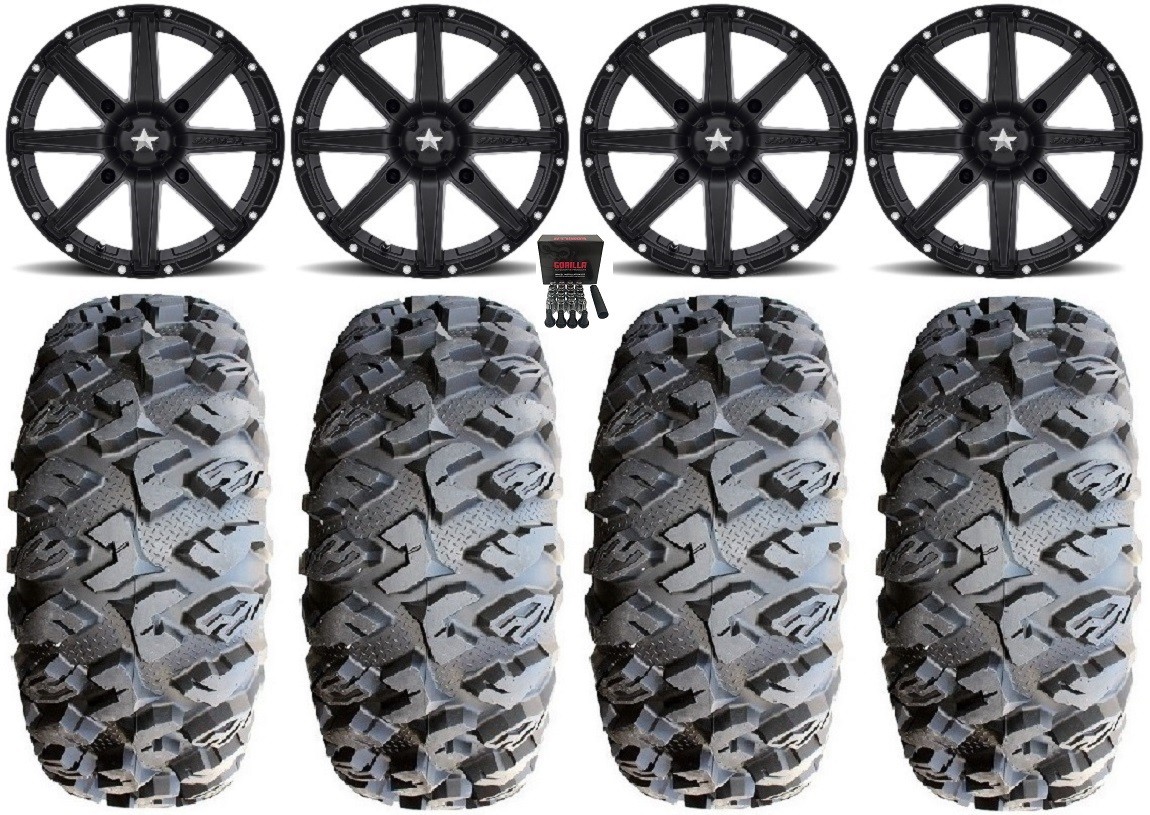 MSA Black Clutch 14″ UTV Wheels 27″ MotoClaw Tires Kawasaki Mule Pro FXT KRX /