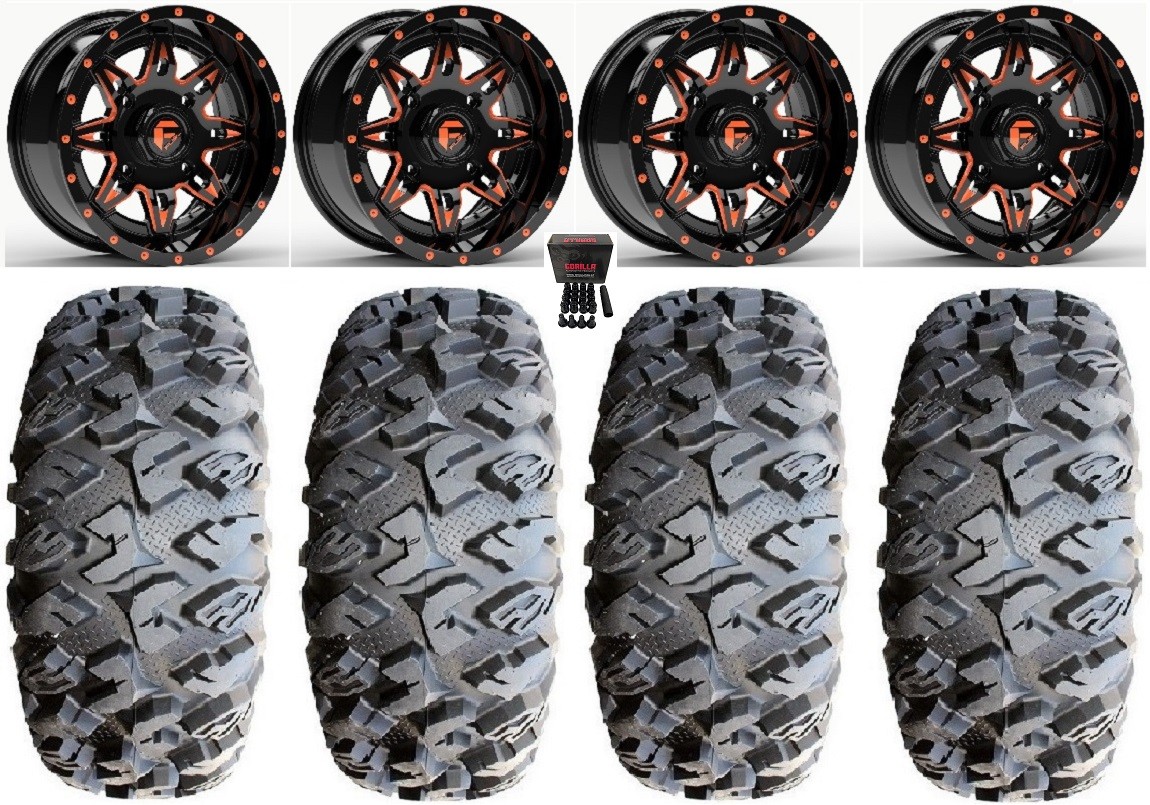 Fuel Lethal Orange 14″ Wheels 28″ MotoClaw Tires Yamaha Wolverine RMAX
