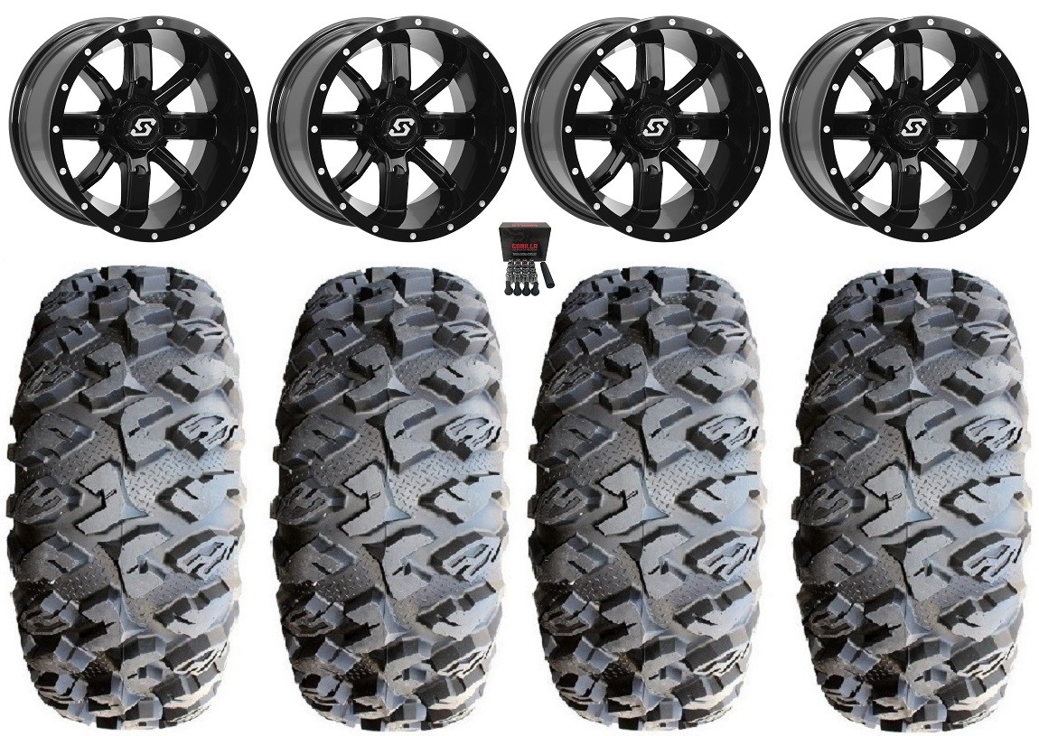 Sedona Hollow Point 14″ Wheels Black 32″ MotoClaw Tires Kawasaki Mule Pro FXT