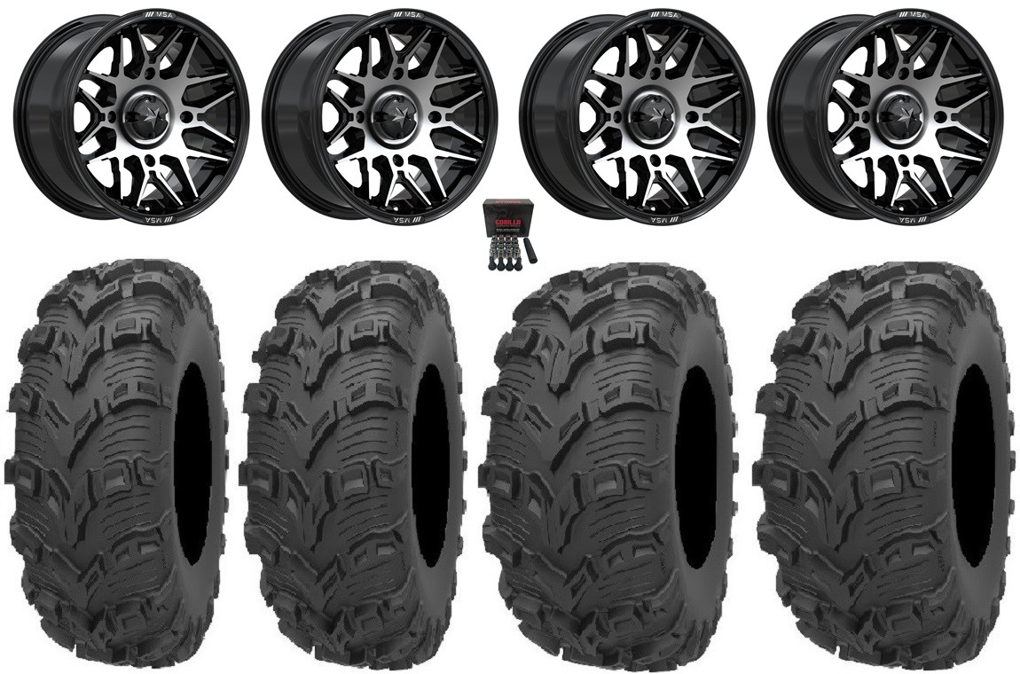 MSA Radar 14″Wheels Black/Machined 28″ Bear Claw EVO Tires Yamaha Grizzly Rhino