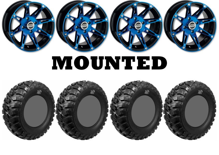 Kit 4 GBC Kanati Mongrel Tires 27×9-14 on Moose 387X Blue Wheels HP1K
