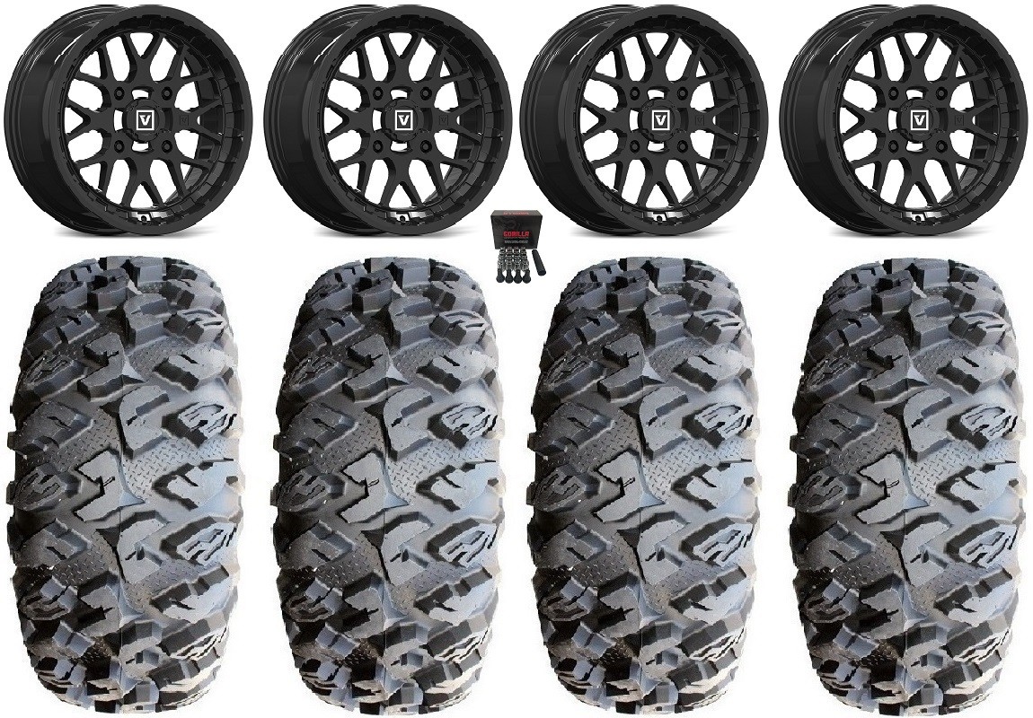 Valor V03 15″ Wheels Black 28″ MotoClaw Tires Kawasaki Teryx Mule