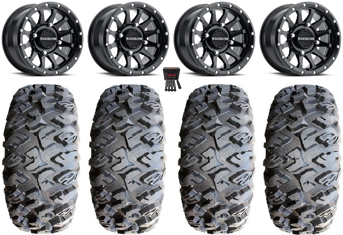 Raceline Trophy 14″ Wheels Black 30″ MotoClaw Tires Kawasaki Brute Force IRS