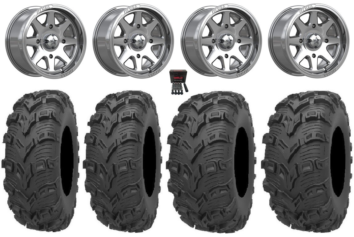 MSA Spark 14″ Wheels Polished 26″ Bear Claw EVO Tires Yamaha Wolverine RMAX