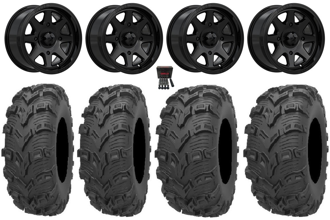 MSA Spark 14″ Wheels Gloss Black 26″ Bear Claw EVO Tires Yamaha Grizzly Rhino