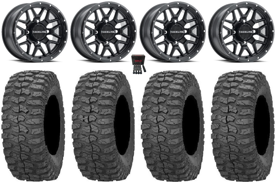 Raceline Krank 14″ Wheels Black +38mm 30″ Rock-A-Billy Tires Can-Am Maverick X3