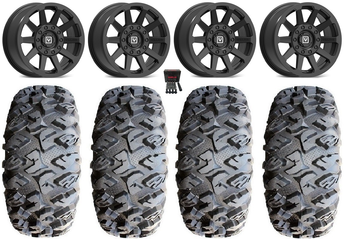 Valor V02 14″ Wheels Black 30″ MotoClaw Tires Yamaha Wolverine RMAX