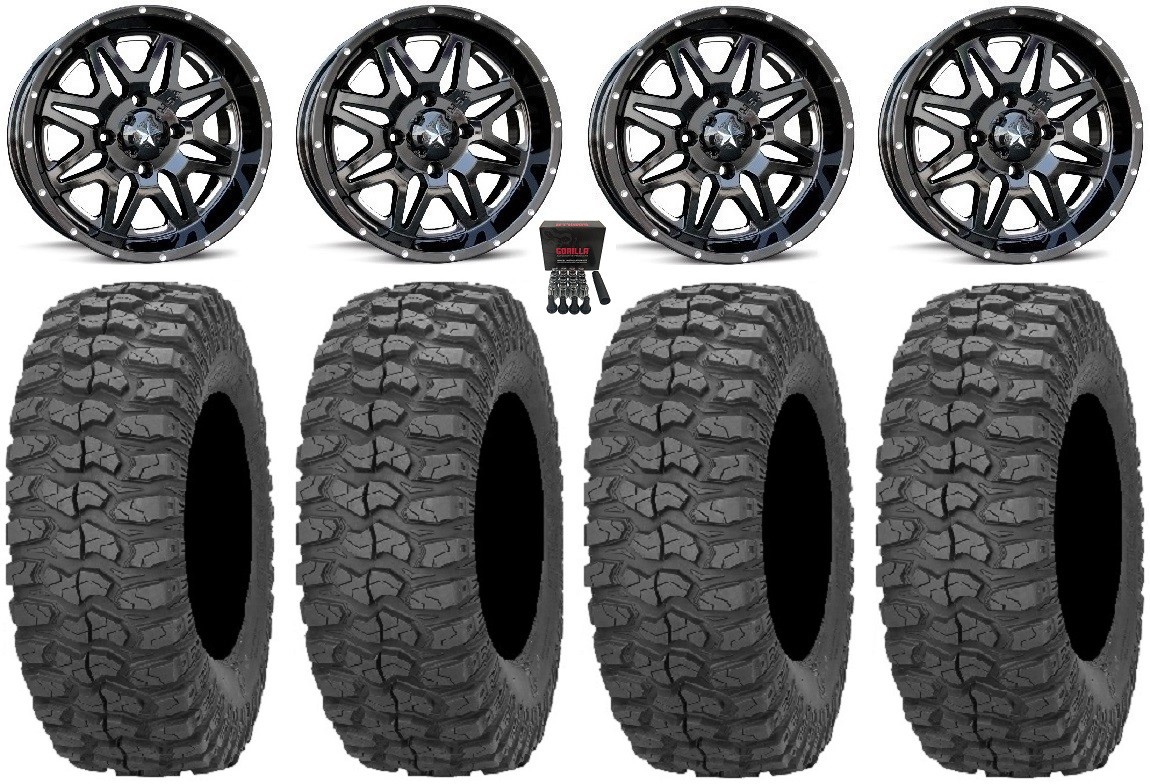 MSA Black Vibe 14″ UTV Wheels 28″ Rock-A-Billy Tires Yamaha Wolverine RMAX
