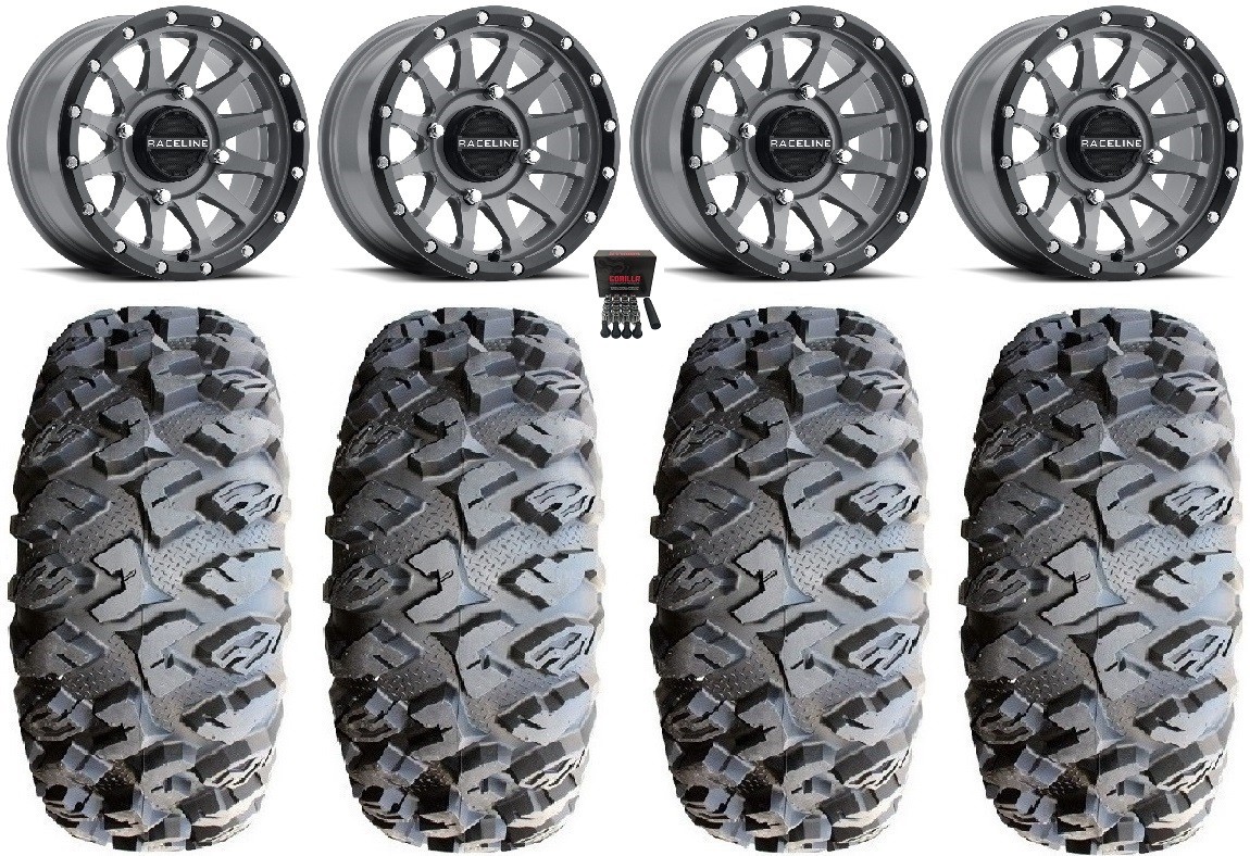 Raceline Trophy 14″ Wheels Grey 30″ MotoClaw Tires Suzuki KingQuad