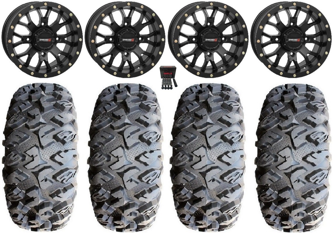 System 3 ST-3 Black 15″ Wheels 28″ MotoClaw Tires Honda Pioneer 1000 / Talon