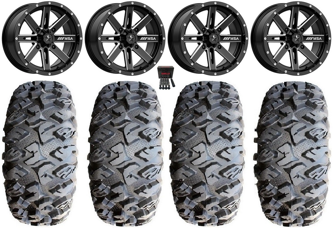 MSA Milled Boxer 14″ UTV Wheels 30″ MotoClaw Tires Yamaha Wolverine RMAX