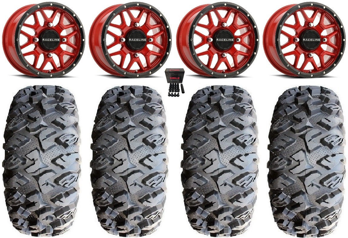 Raceline Krank 14″ Wheels Red 27″ MotoClaw Tires Yamaha Viking Wolverine
