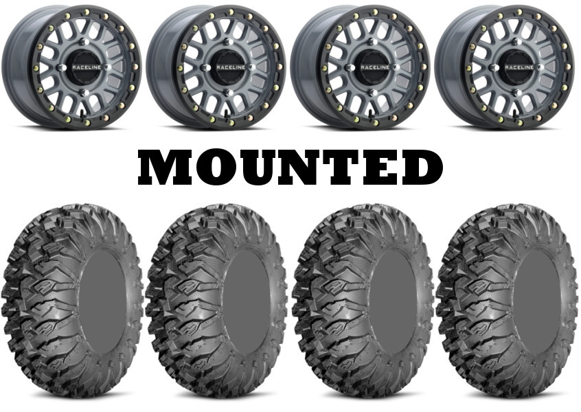 Kit 4 EFX MotoClaw Tires 27×10-14 on Raceline Podium Beadlock Gray Wheels 1KXP