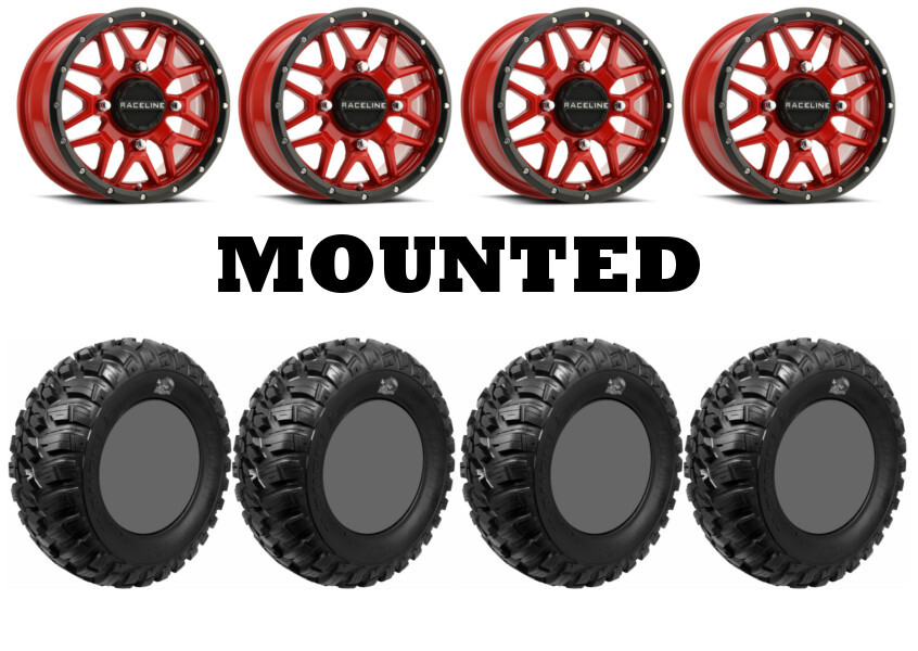 Kit 4 GBC Kanati Mongrel Tires 28×10-15 on Raceline Krank Red Wheels FXT