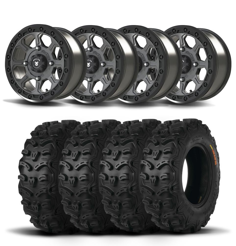 Set of 4 Bullite Ruler Wheels 14″ Gray/Kenda K587 Bearclaw HTR Tires [28x9R-14]