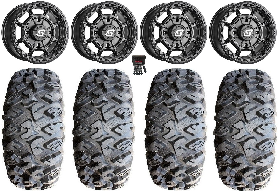 Sedona Rift 14″ Wheels Black 28″ MotoClaw Tires Sportsman 550 850 1000