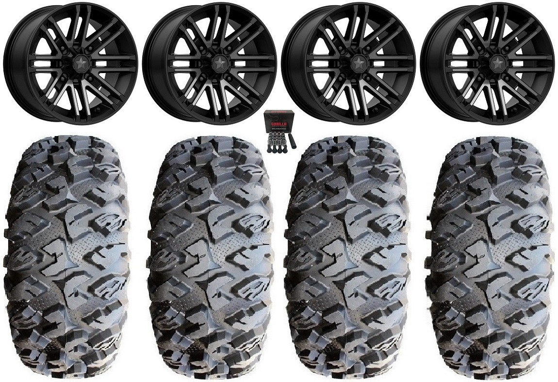 MSA Black Rogue 14″ Wheels 28″ MotoClaw Tires Yamaha Viking Wolverine