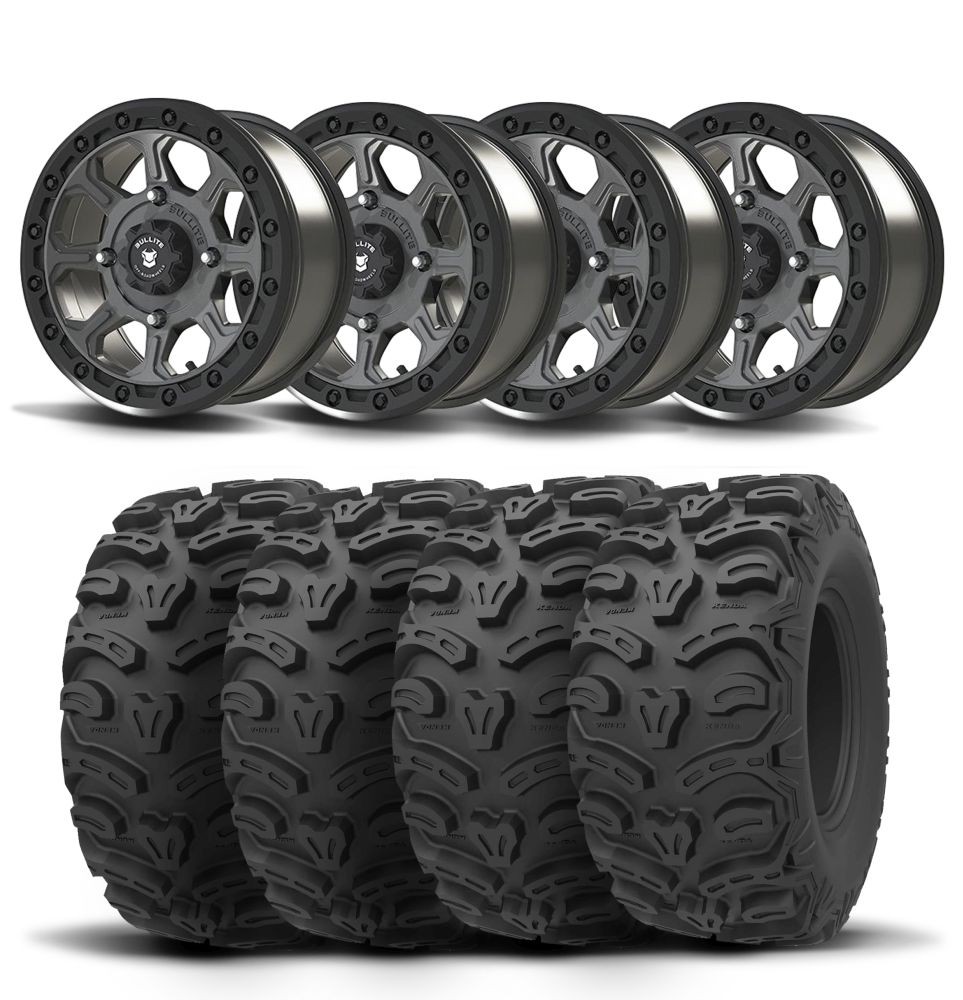 Set of 4 Bullite Ruler Wheels 14″ Gray/Kenda K587 Bearclaw HTR Tires [28x11R-14]